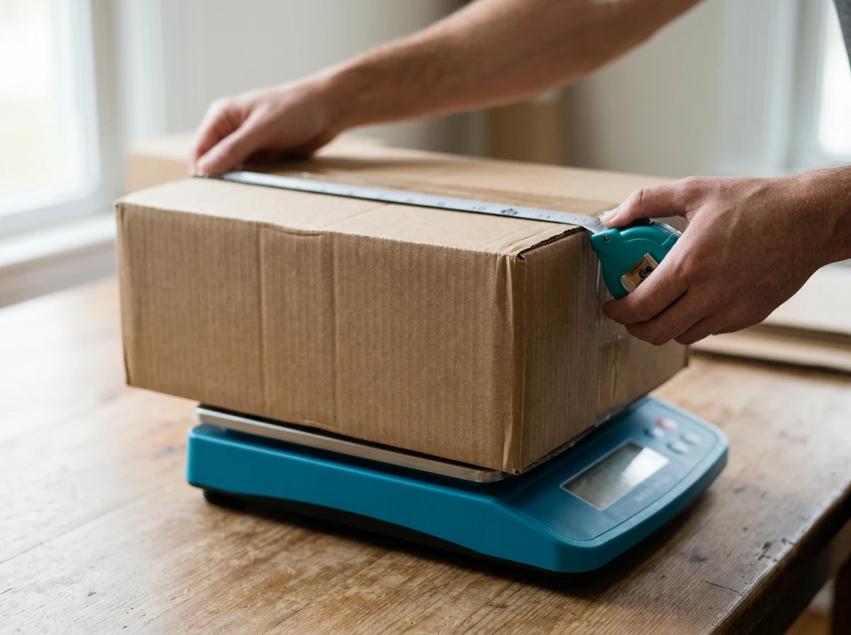 A sealed parcel is weighed and measured before its shipping weight and dimensions are entered on eBay.